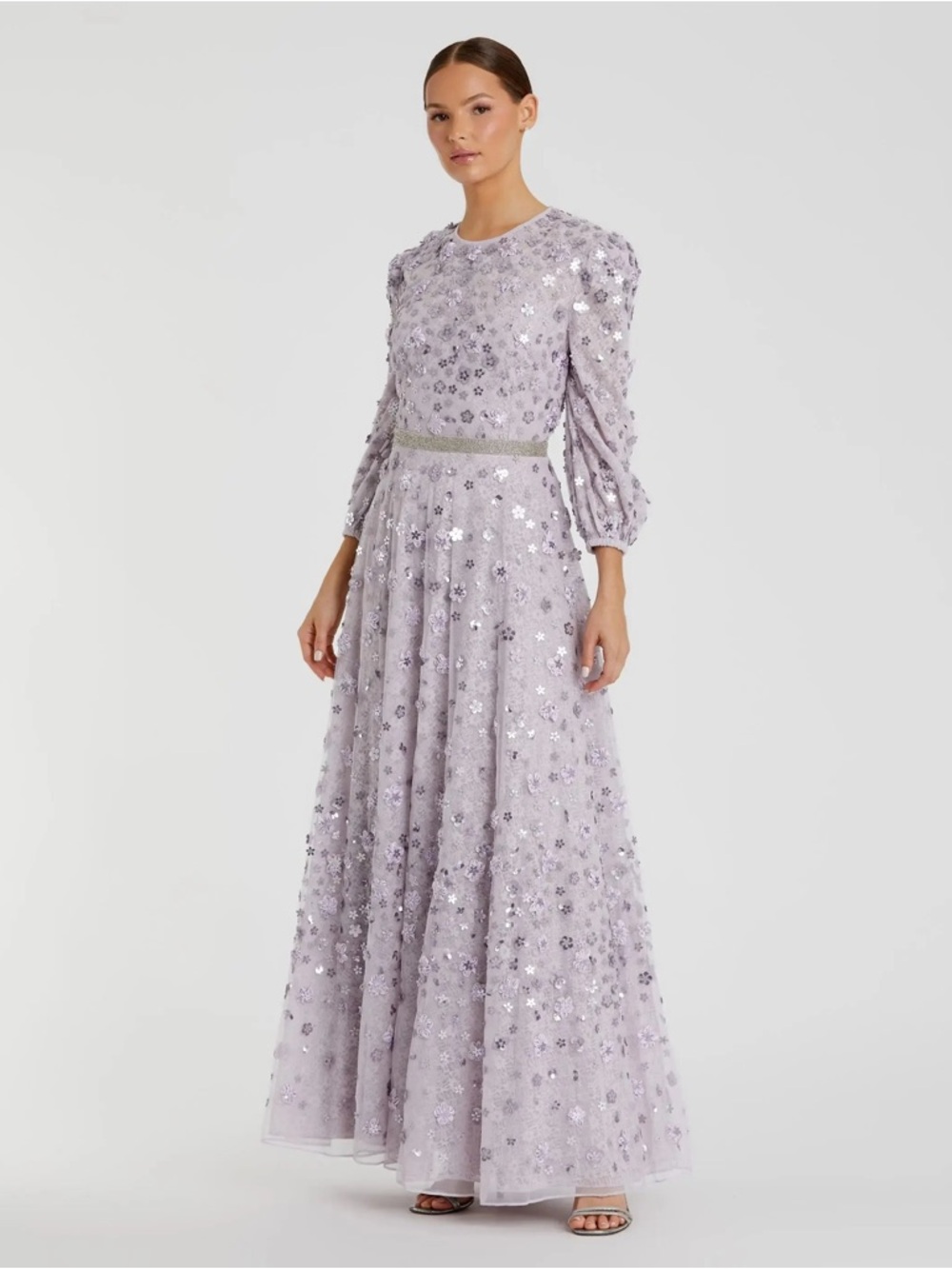 Mac Duggal 93805 Floral Applique Puff Sleeve High Neck A-Line Gown Size 12 NWT
